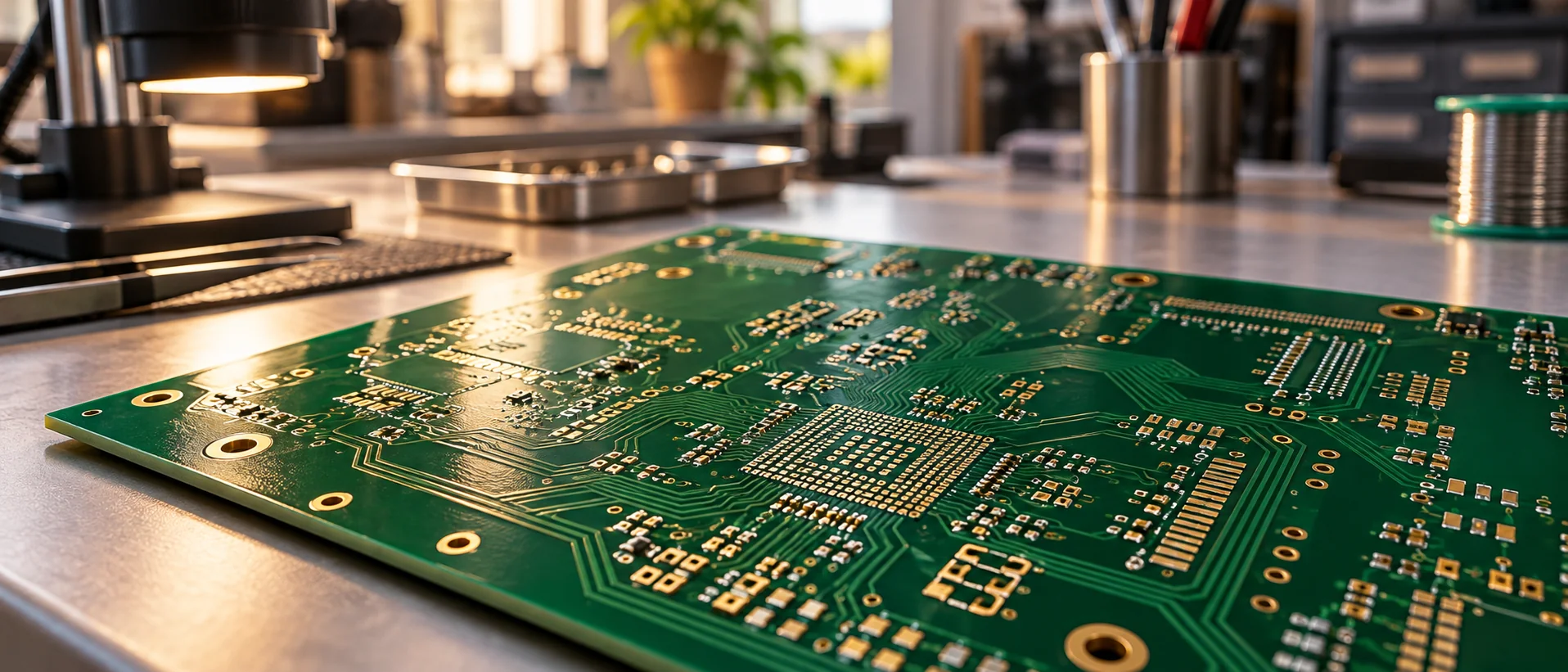 Detailed view of a green printed circuit board on an inspection bench